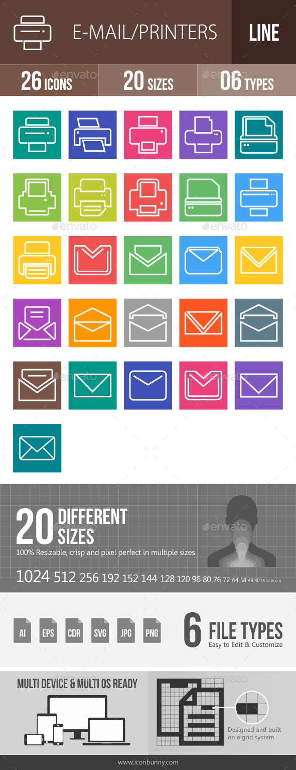 26 Email & Printer Line Multicolor B/G Icons - Icons