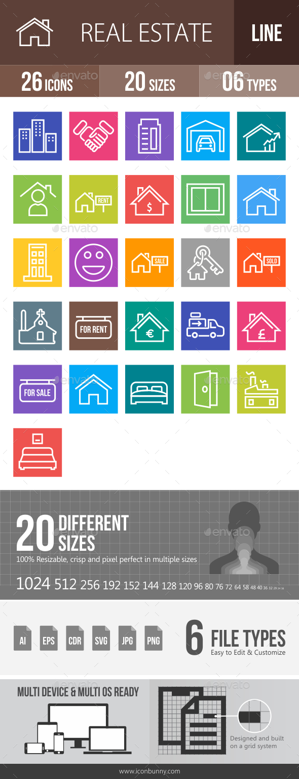 26 Real Estate Line Multicolor B/G Icons - Icons
