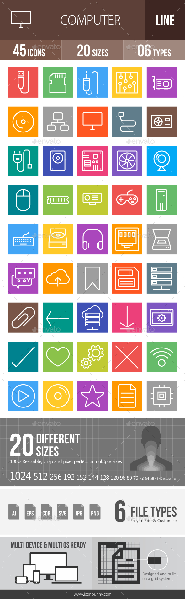 45 Computer & Hardware Line Multicolor B/G Icons - Icons