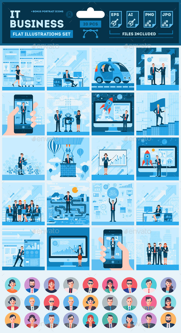 IT Business Flat Illustrations Set - People Characters