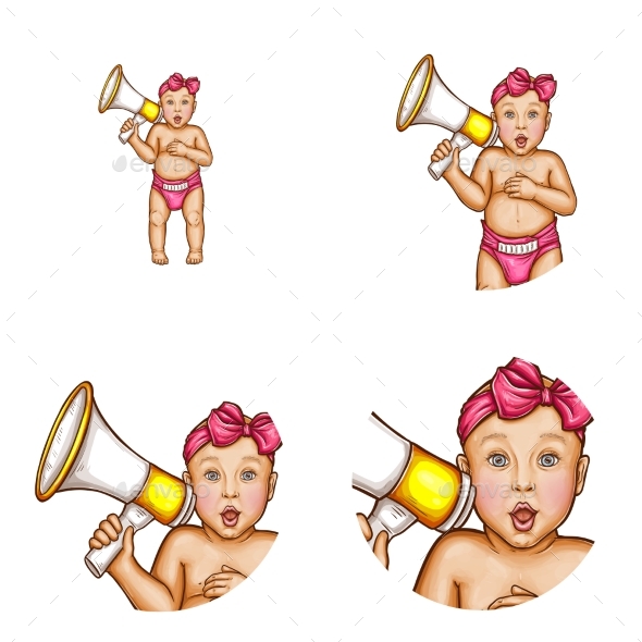 Vector Baby Girl with Megaphone Avatar Icons - People Characters