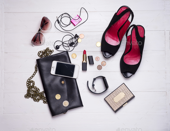 collection of women's set of fashion accessories and cosmetics