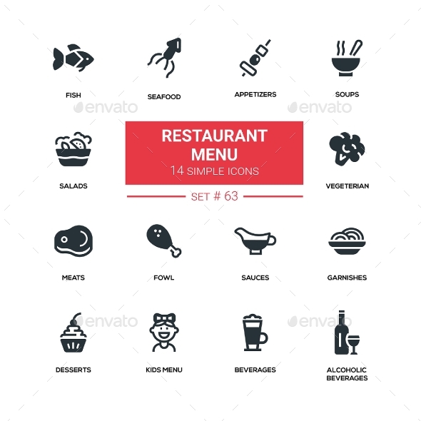 Restaurant Menu - Line Design Silhouette Icons Set - Miscellaneous Icons