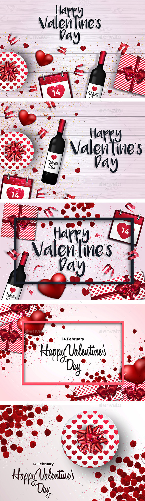 Set of 5 Trendy Valentines Day Greeting Cards Design - Valentines Seasons/Holidays
