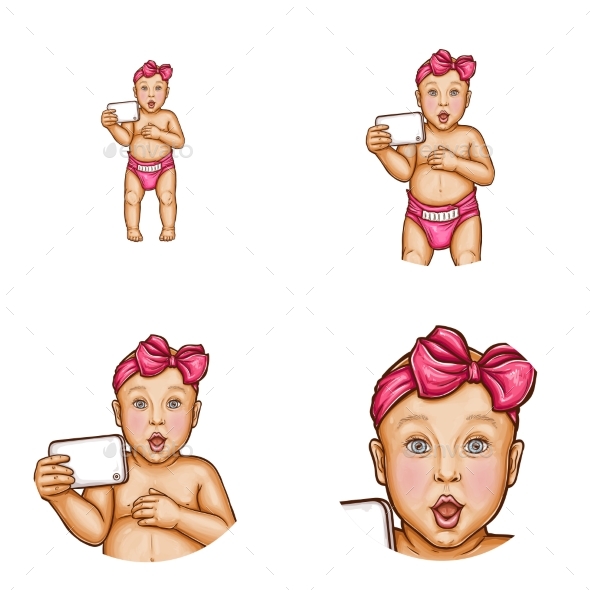 Vector Baby Girl with Smart Phone - People Characters