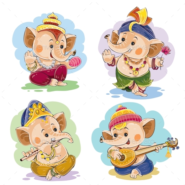 Vector Cartoon Little Baby Ganesha Indian God - Religion Conceptual