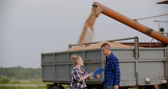 Agriculture - Female and Male Farmers Talking at Wheat Field During Harvesting alt