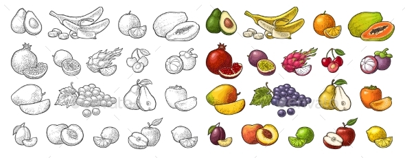 Set Tropical Fruits. Vector Black Vintage - Food Objects
