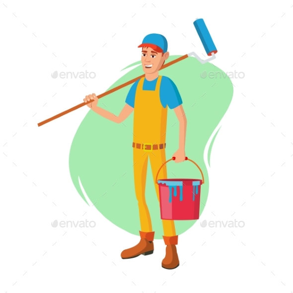 Male House Painter Vector. Classic Paintbrush - People Characters