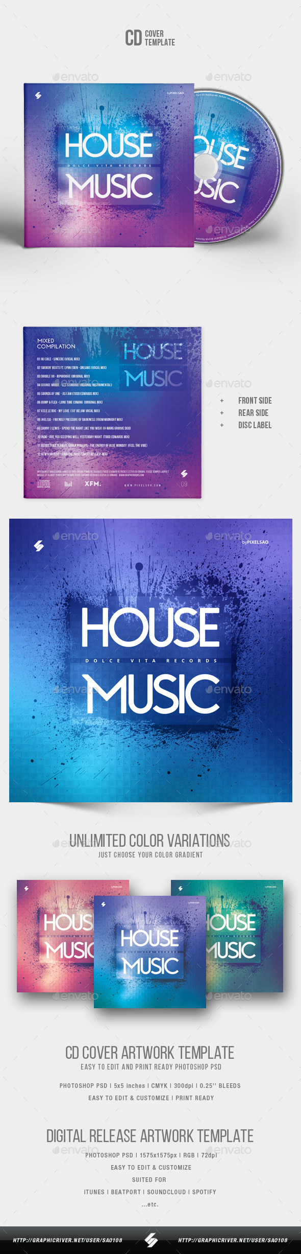 House Music - CD Cover Artwork Template - CD & DVD Artwork Print Templates