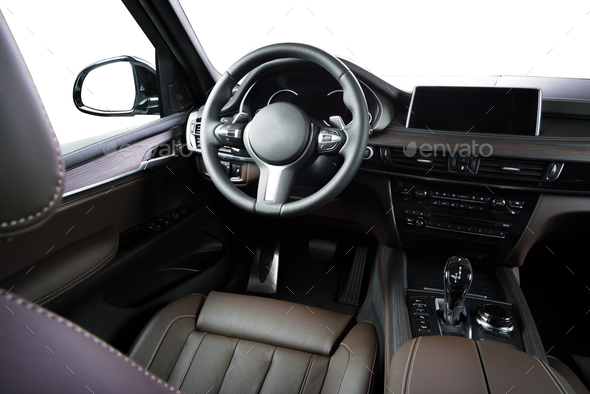 Car Dashboard Modern Luxury Interior Steering Wheel Stock Photo