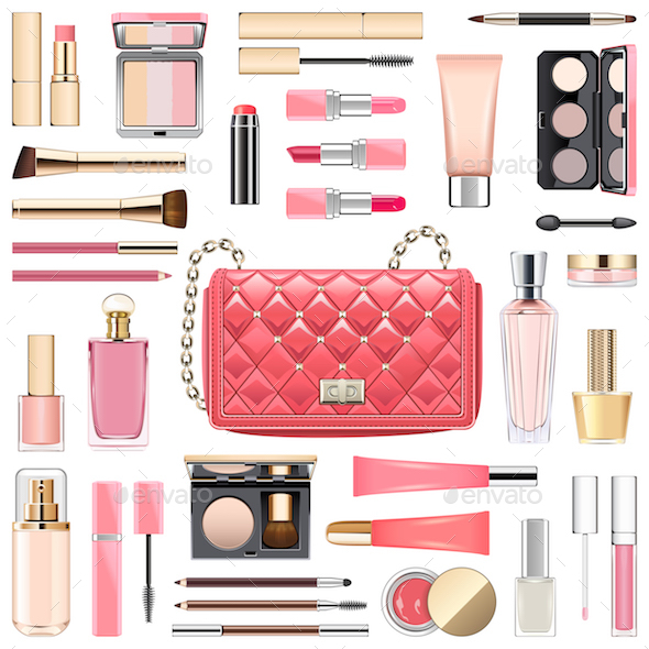 Vector Makeup Cosmetics with Pink Handbag - Commercial / Shopping Conceptual