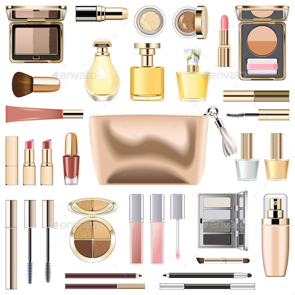 Vector Makeup Cosmetics with Golden Cosmetic Bag - Commercial / Shopping Conceptual