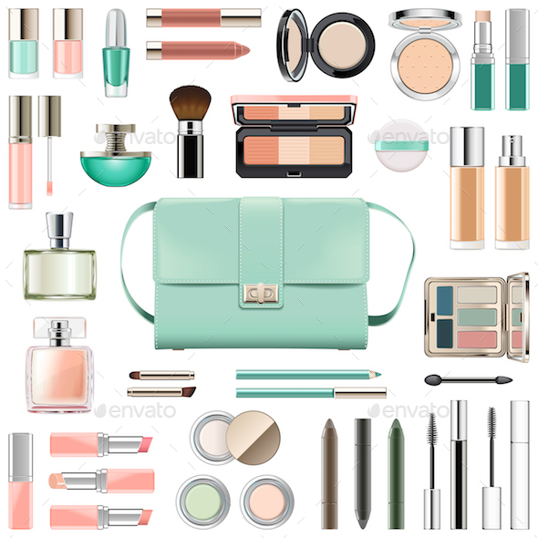 Vector Makeup Cosmetics with Mint Green Handbag - Retail Commercial / Shopping