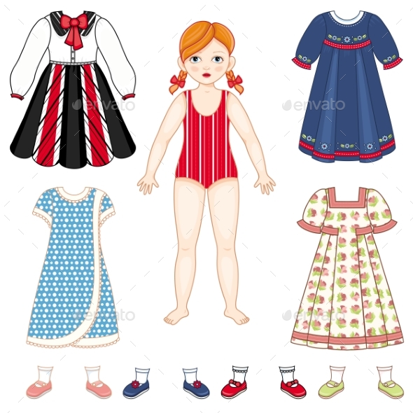Paper Doll and Set of Clothes - Dresses and Shoes - People Characters