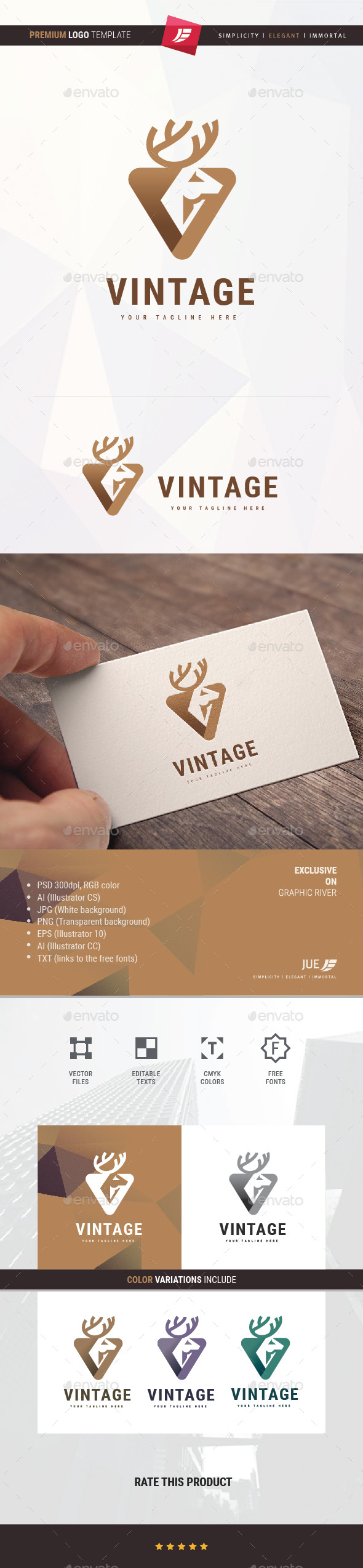 Deer Vintage Logo - Animals Logo Templates