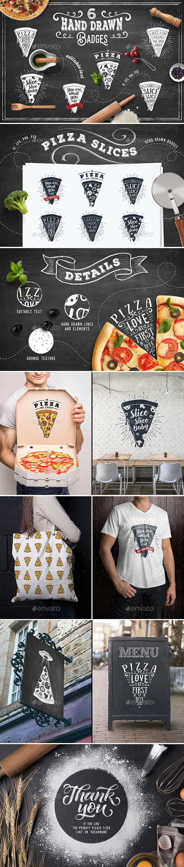 6 Hand Drawn Pizza Slice Badges - Badges & Stickers Web Elements