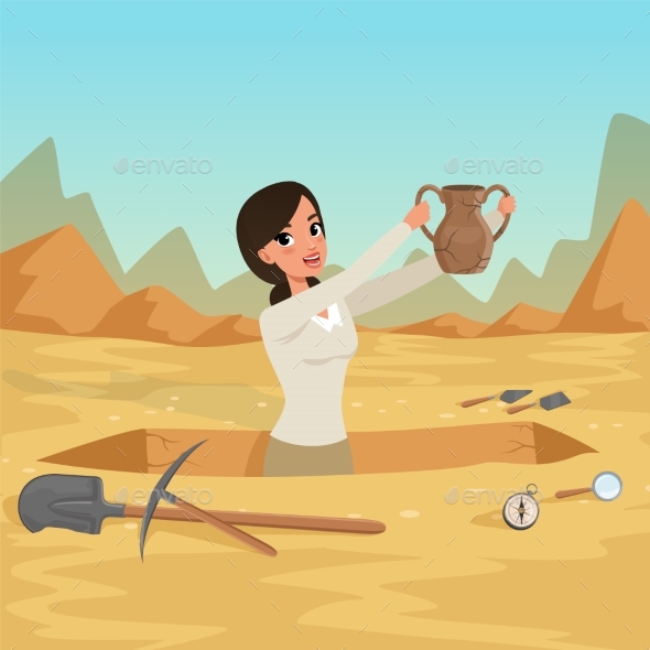 Girl Archaeologist Waist-deep in the Pit with Old - People Characters