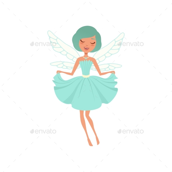 Cartoon Smiling Fairy Girl in Blue Dress - People Characters