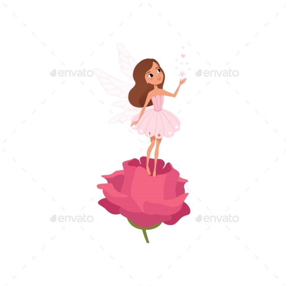 Cartoon Fairy Girl Standing on Rose - People Characters