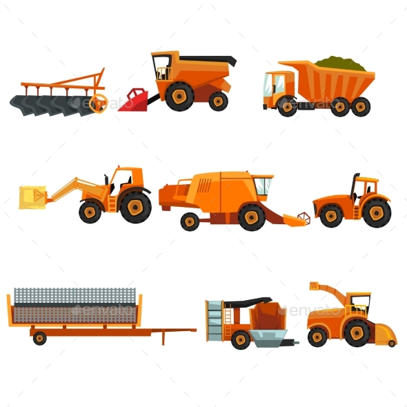 Flat Vector Set of Agricultural Transports. Rural - Industries Business
