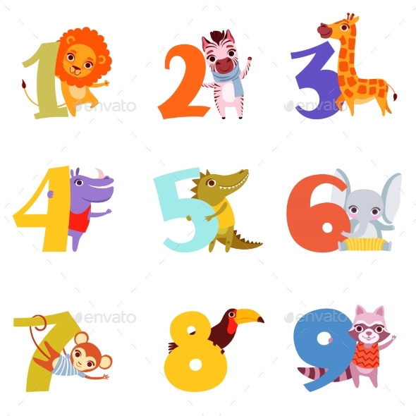 Colorful Numbers From 1 To 9 and Animals. Cartoon - Miscellaneous Vectors