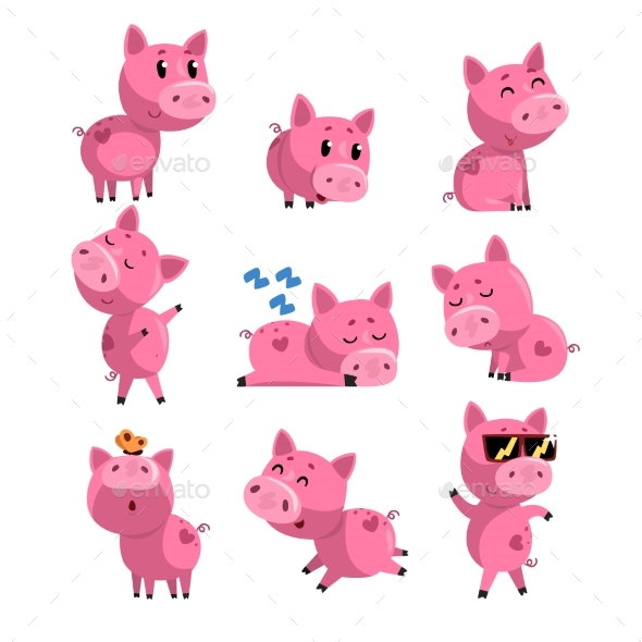 Set of Pig in Different Actions - Animals Characters