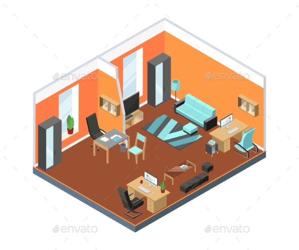 Modern Office Interior with Comfortable Workspaces - Objects Vectors