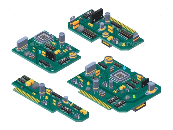 Different Computer Boards with Semiconductors - Objects Vectors