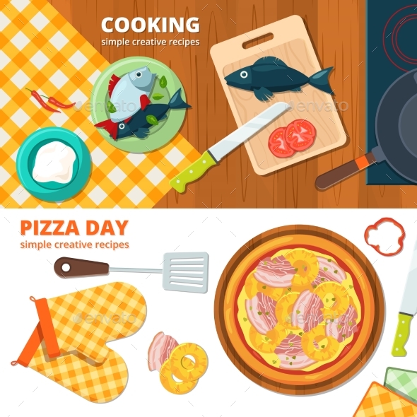 Horizontal Banners with Different Illustrations - Food Objects