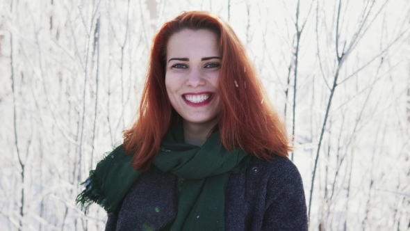 Happy Red-haired Woman Laughing Outdoors, Cold Winter Weather alt