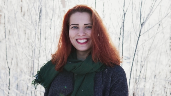 Happy Red-haired Woman Laughing Outdoors, Cold Winter Weather