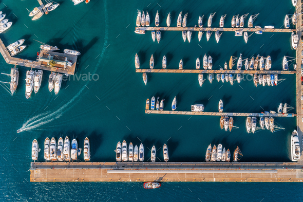 Aerial view of amazing boats at sunset. Minimalistic landscape - Stock Photo - Images