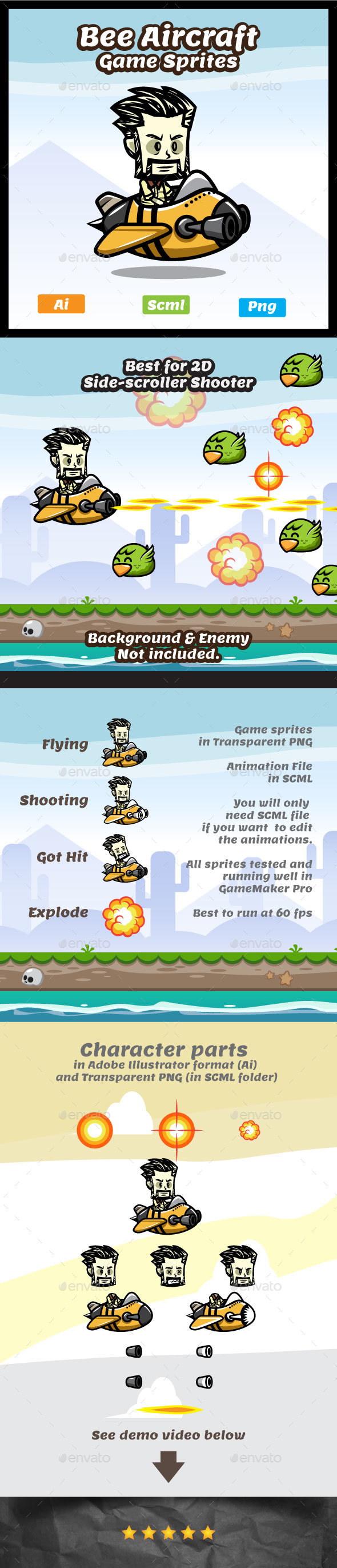 Male Pilot Game Character - Bee Aircraft Sprites - Sprites Game Assets