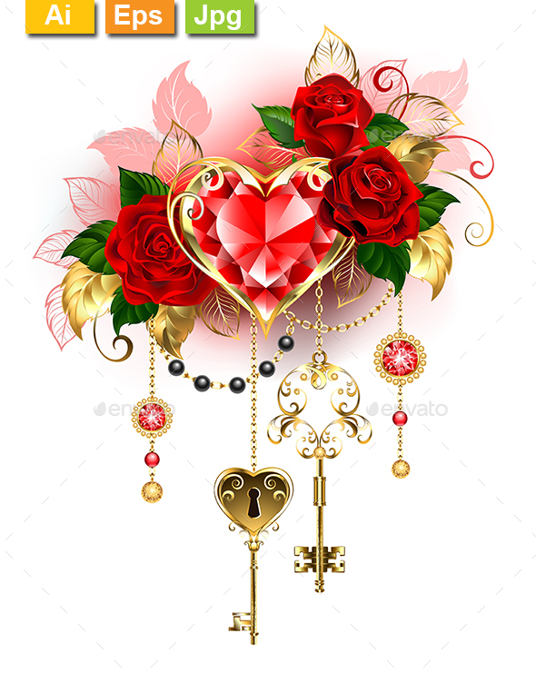 Ruby Heart with Roses - Decorative Symbols Decorative