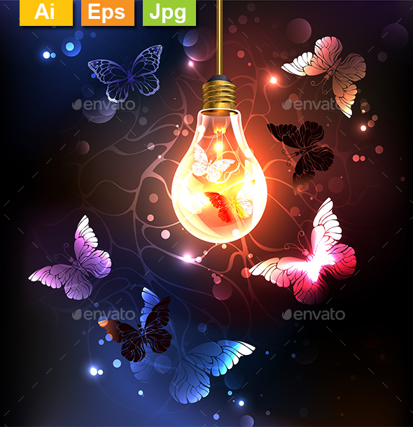 Bulb with Night Butterflies - Miscellaneous Vectors