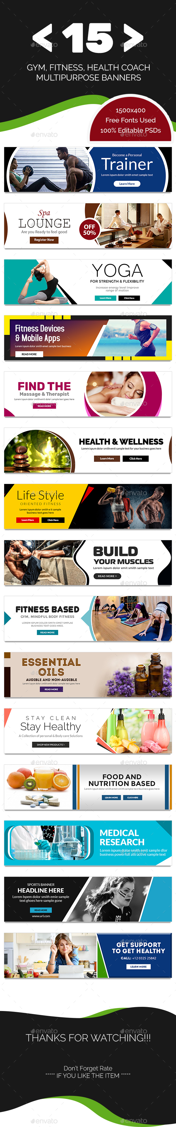 Gym and Fitness Multipurpose Banners - 15 Designs - Banners & Ads Web Elements