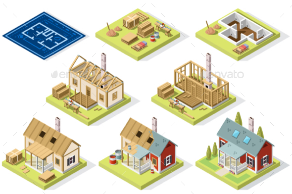 Cement and Brick Wall Isometric Building - Vectors