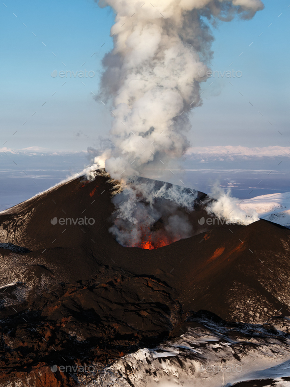 Aerial View of Stunning Scenery Eruption Volcano Landscape of Kamchatka Peninsula - Stock Photo - Images