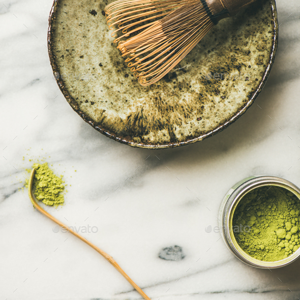 Japanese tools and bowls for brewing matcha tea, square crop - Stock Photo - Images