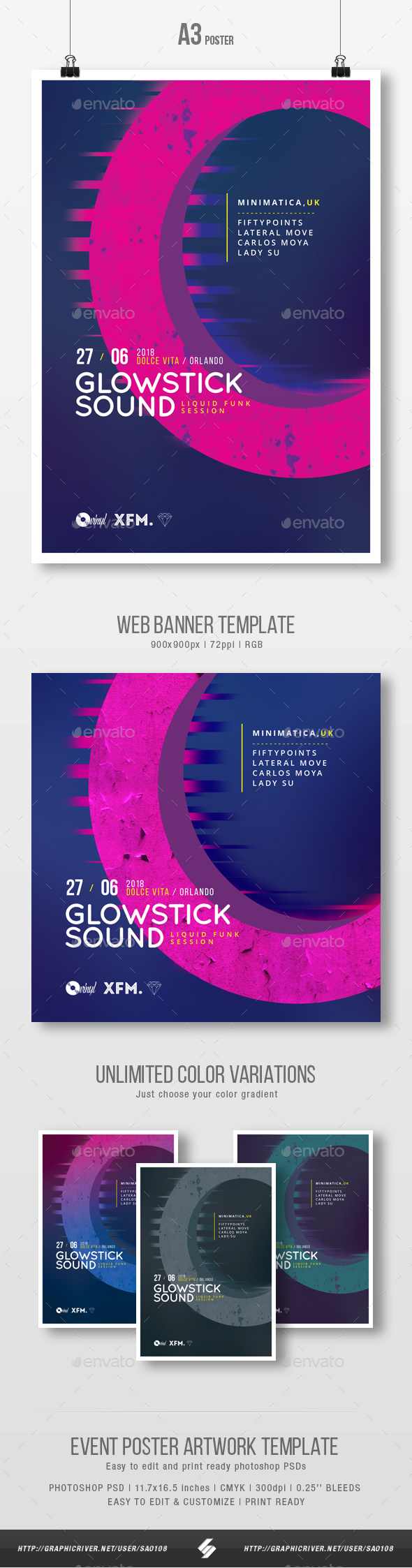 Glowstick Sound - Minimal Party Flyer / Poster Template A3 - Clubs & Parties Events