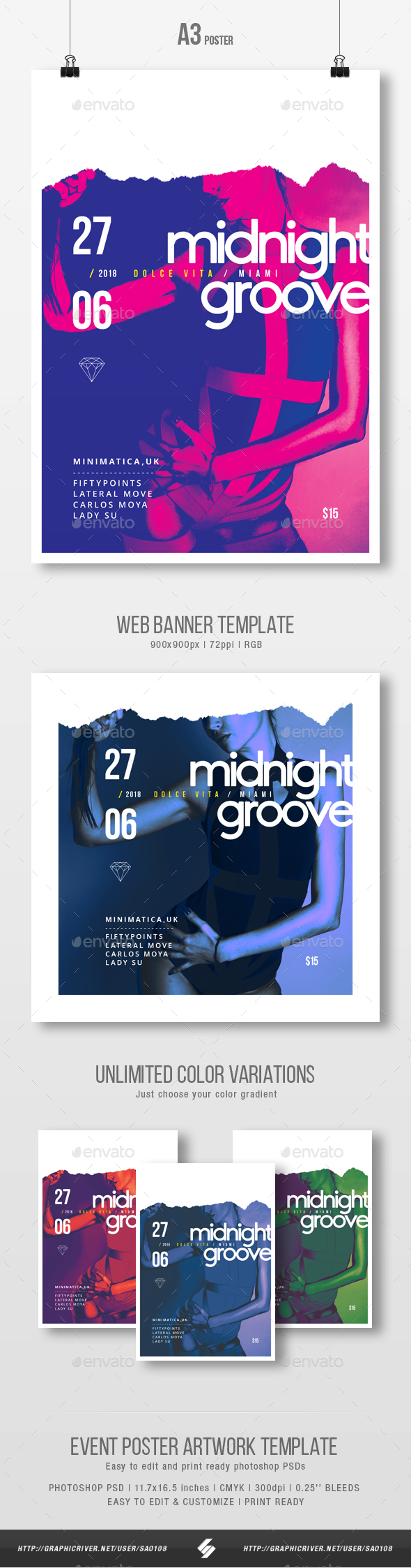 Midnight Groove - Party Flyer / Poster Artwork Template A3 - Clubs & Parties Events