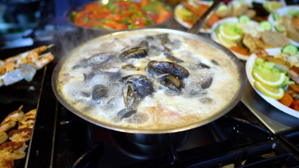 Various Seafood on the Shelves of the Fish Market in Norway, Bergen alt