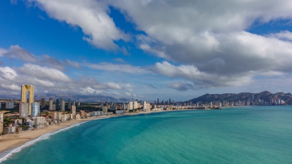 Panoramic  View of Benidorm with High Buildings, Mountains and Sea
