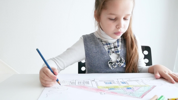 Little Girl Drawing a Picture on White Room, Stock Footage | VideoHive