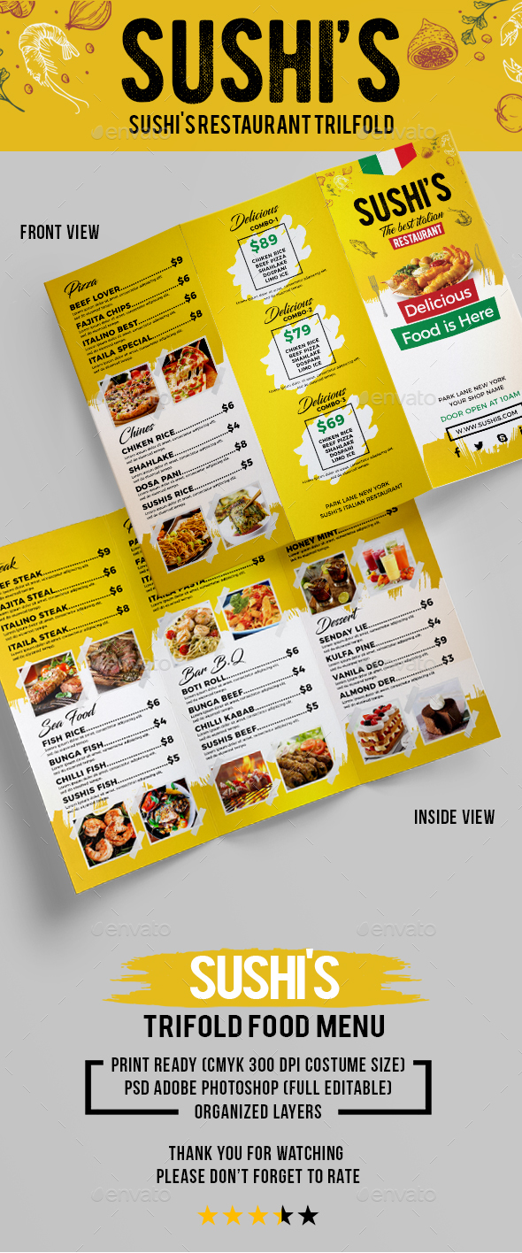 Sushi's Italian Restaurant Trifold (Volume-2) - Food Menus Print Templates