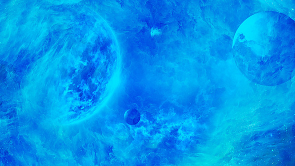 Travel Through Abstract Blue Space Nebula to Big Blue Star and Planets