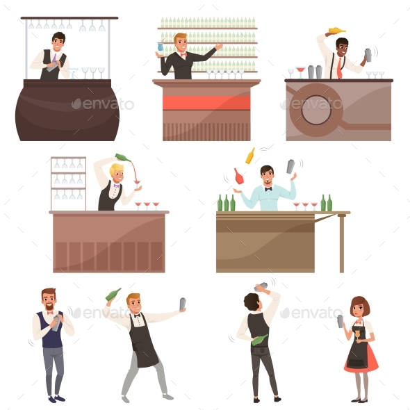 Set of Bartenders at Work Standing at the Bar - People Characters