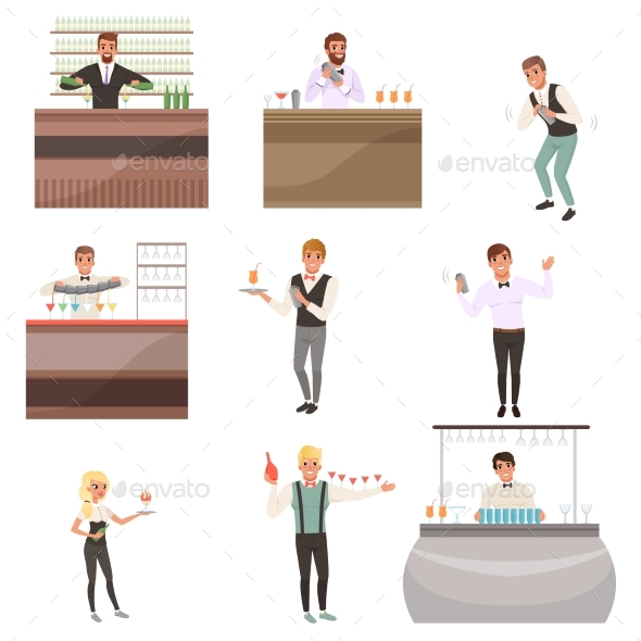 Set of Young Bartenders Standing at the Bar - People Characters