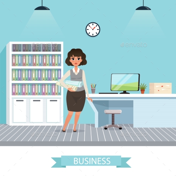 Businesswoman with Project Plans and Rolled - People Characters